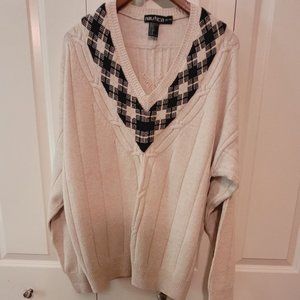 Nautica Cotton and Linen Cabled-Argyle Long-Sleeved V-Neck.  XL. EEUC.